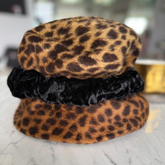 Vintage 1990s Kathy Luker Leopard “Faux Fur” Finish Hat w/ Plush Black Band - Picture 2 of 12
